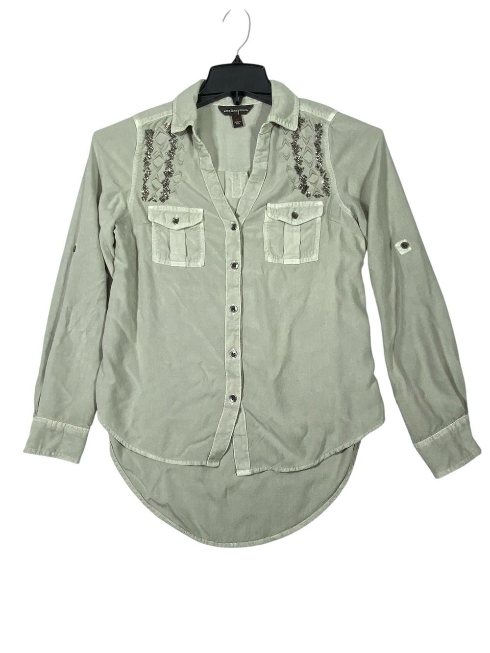 Rock & Republic Utility Button Down Blouse Women XS Light Green Beaded Shoulder